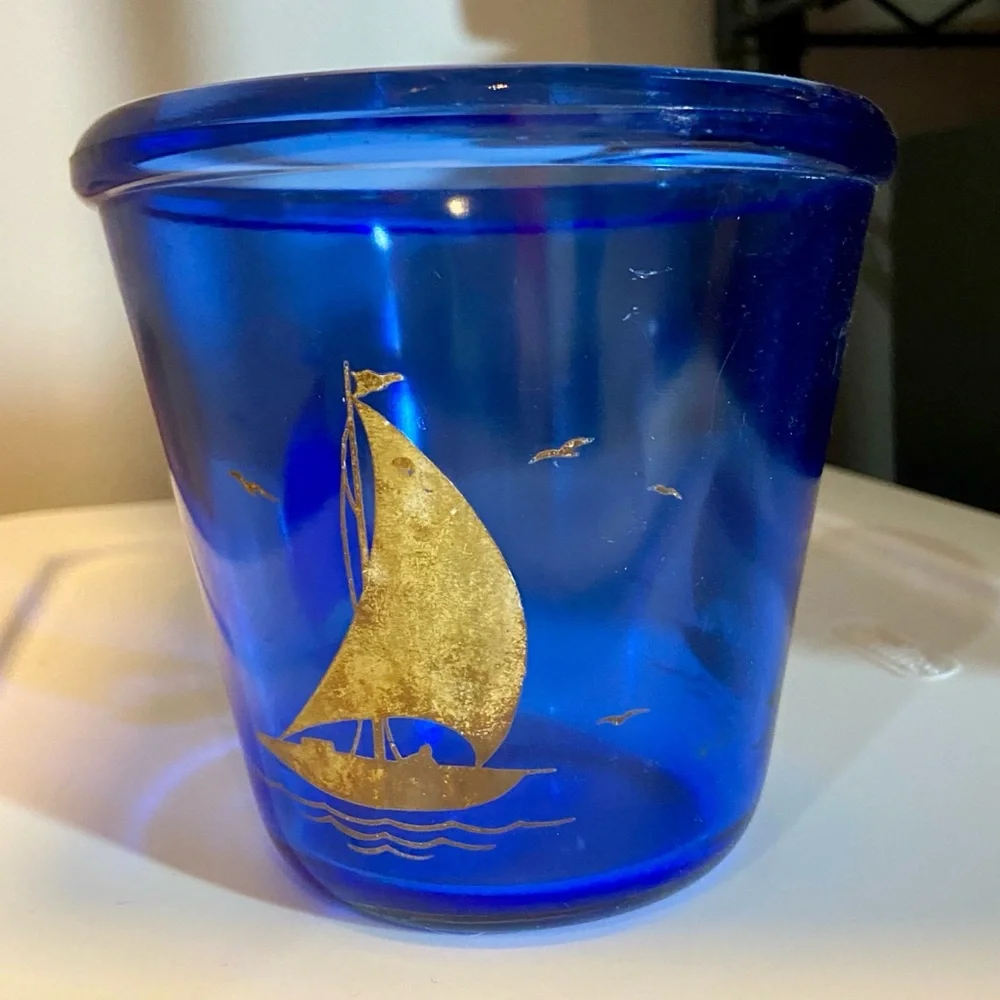 Vintage 4” Hazel Atlas Cobalt Blue Sailboat Ice Bucket - Depression Glass